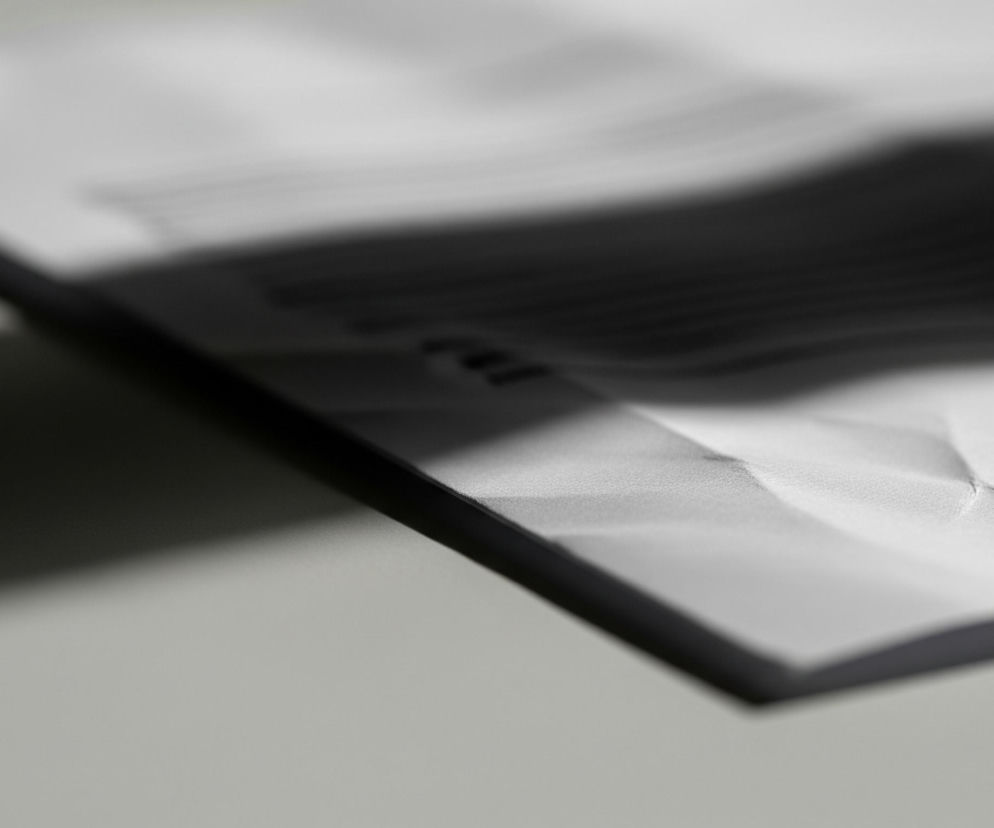 Widoczna jest kartka papieru, częściowo pomięta i położona na jasnoszarym blacie. Kartka jest w odcieniach bieli i szarości, z wyraźnymi zagięciami i cieniami, które tworzą nieregularne wzory i dodają jej tekstury. Na jej powierzchni widać rozmyte, ciemne linie przypominające tekst lub grafikę, które są zasłonięte przez cień padający z górnej części kadru. Dolna część kartki i blat są ostre, natomiast górna część kartki jest rozmyta.