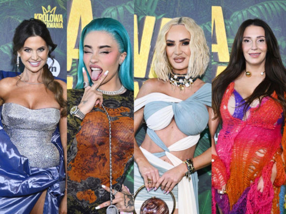 Serowska we włóczce, Macudzińska-Borowiak w bandażu i Fagata przebrana za węża. Celebrytki na premierze Królowej przetrwania