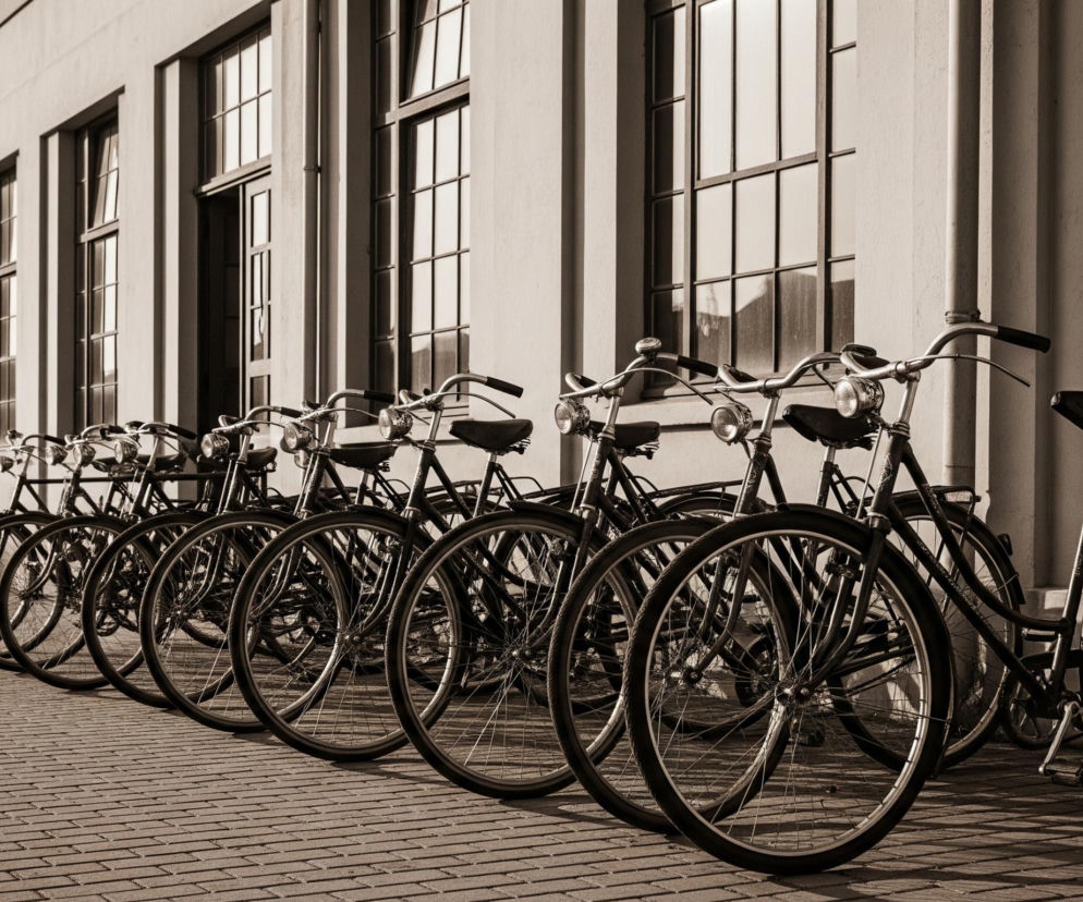 Rząd czarnych rowerów ze srebrnymi elementami stoi równo ustawiony pod jasną, beżową ścianą budynku z prostokątnymi oknami. Rowery opierają się na podpórkach lub o siebie nawzajem, tworząc linię biegnącą w perspektywie od prawej dolnej części obrazu do lewej. Widoczne są kierownice z dzwonkami i lampkami, czarne siodełka oraz koła ze szprychami, a także fragmenty bagażników i pedałów. Budynek posiada kilka pionowych okien z podziałami na mniejsze kwadratowe szyby, a jego ściana ma delikatną, chropowatą fakturę, z rynną widoczną po lewej stronie. Całość utrzymana jest w sepii i brązach, z wyraźnymi cieniami rzucanymi przez rowery i budynek na ceglaną nawierzchnię.