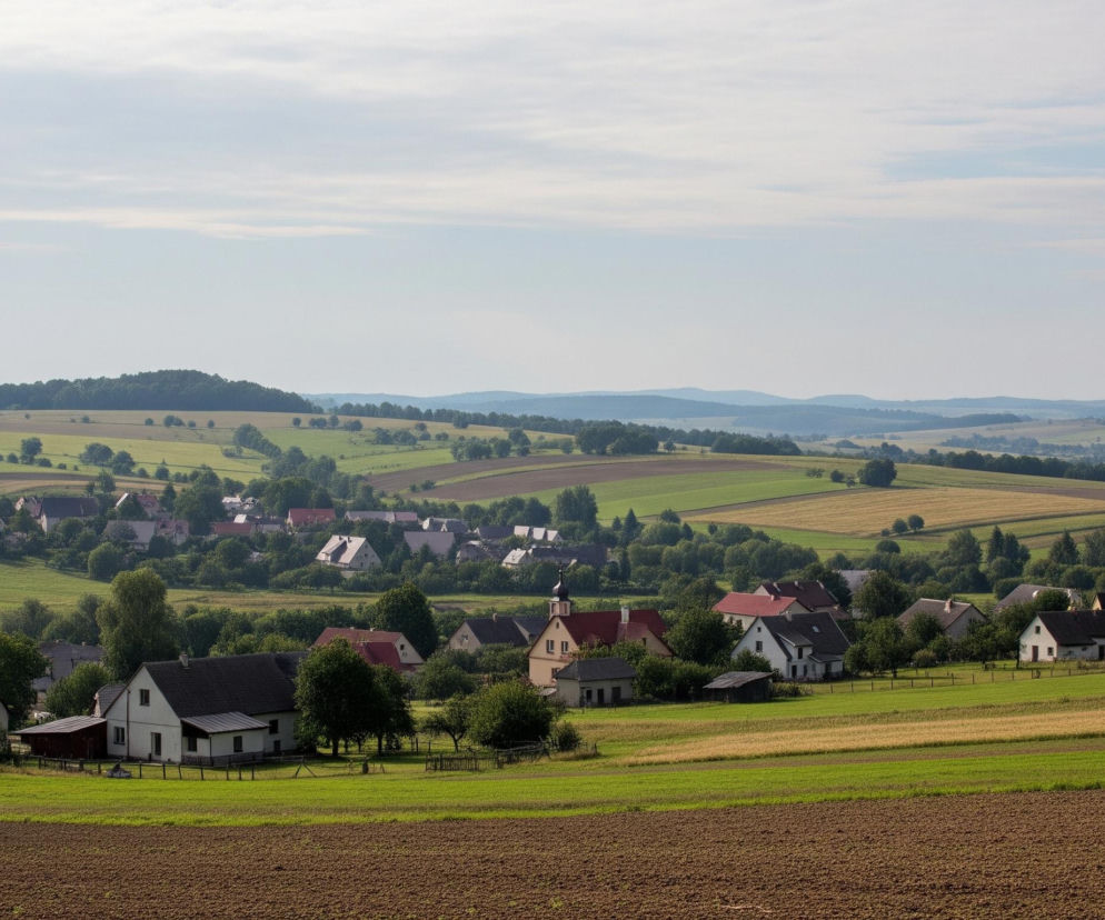 Rozległy krajobraz wiejski z dominującą w centrum wsią, otoczoną polami i pagórkami, rozciąga się pod jasnym, częściowo zachmurzonym niebem. Na pierwszym planie widoczne jest brązowe, zaorane pole, za którym rozciągają się pasy zielonych i żółtych upraw. W oddali znajduje się zgrupowanie domów o różnokolorowych dachach, od ciemnoszarych po czerwone, niektóre z widocznymi kominami, a także kościół z ciemnym, spiczastym dachem. Cały obszar wsi gęsto porastają drzewa i krzewy, tworząc zielone kępy pomiędzy zabudowaniami, zaś w tle zarysowują się kolejne pagórki i wzgórza, stopniowo blednące w oddali.