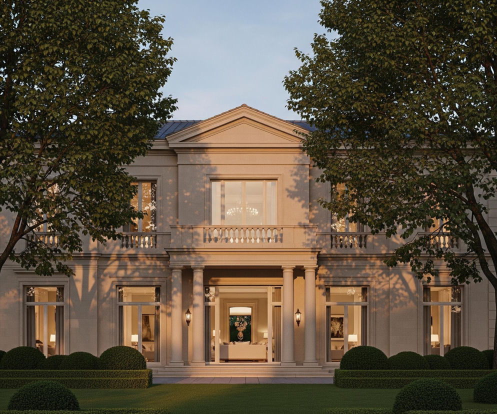 Przedstawiono duży, symetryczny budynek o jasnobeżowej fasadzie w klasycznym stylu, otoczony bujną zielenią. Centralna część budynku posiada wejście z portykiem wspartym na dwóch kolumnach, prowadzące do jasnego wnętrza. Nad wejściem znajduje się balkon z ozdobną balustradą. Po obu stronach budynku rosną wysokie, liściaste drzewa, częściowo przesłaniające fasadę i rzucające cień. Wokół budynku rozpościera się zadbany trawnik i równo przycięte żywopłoty w kształcie kuli i prostopadłościanów, dodające ogrodowi formalnego charakteru.