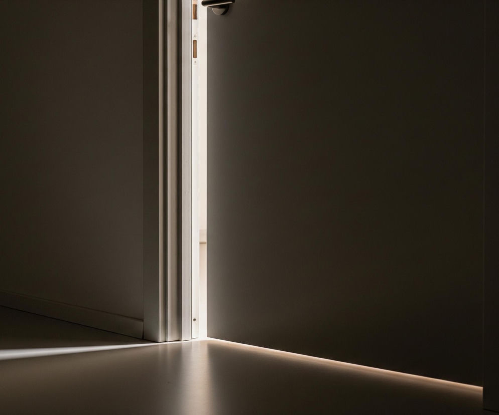 Częściowo uchylone białe drzwi w ciemnym pomieszczeniu. Jasne światło prześwituje przez szczelinę między ościeżnicą a drzwiami, tworząc pionowy pas światła na ich styku. Światło to rozlewa się również na podłogę po obu stronach drzwi, tworząc dwa trójkątne plamy, z czego ta po lewej stronie jest bardziej rozległa. Górna część drzwi jest ciemniejsza, a na ich skraju po prawej stronie widać czarną klamkę.