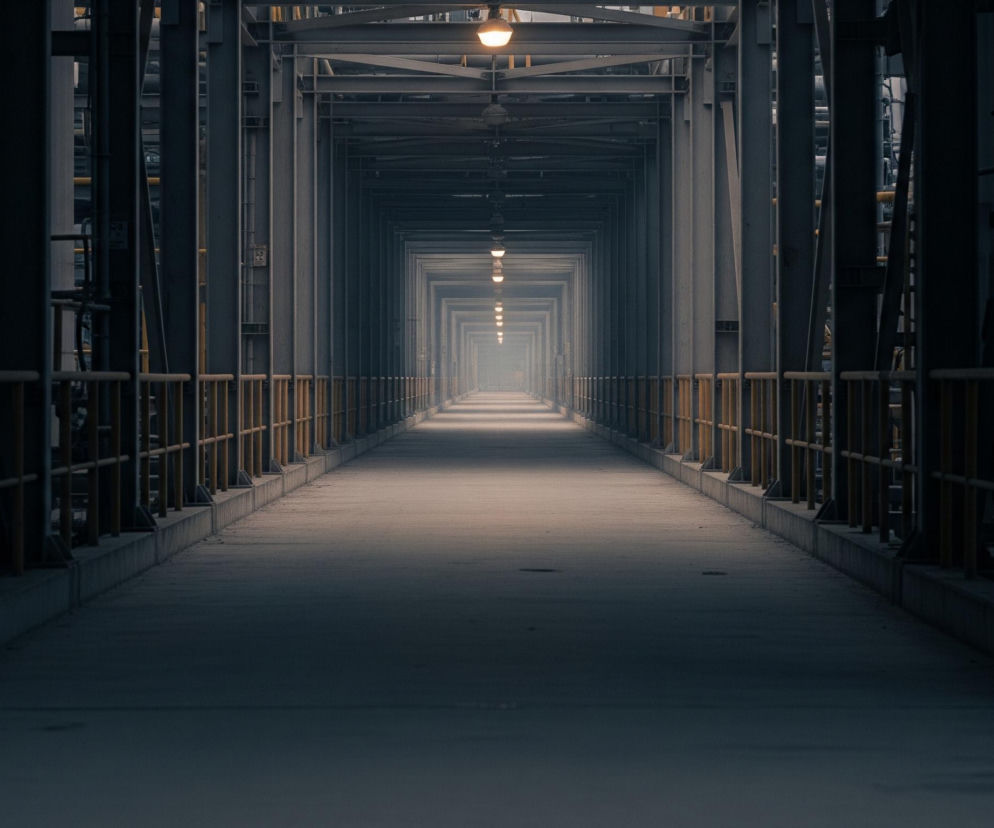 Długi, prosty korytarz lub tunel, otoczony po obu stronach metalową konstrukcją. Ściany i sufit korytarza zbudowane są z ciemnoszarych, stalowych belek i kratownic, tworzących perspektywiczne zwężenie w kierunku odległego, jasnego punktu na horyzoncie. Po obu stronach korytarza biegną żółte barierki ochronne, które kontrastują z dominującym ciemnym tłem. Na suficie, w regularnych odstępach, rozmieszczone są pojedyncze, świecące lampy, rzucające ciepłe, pomarańczowe światło, które rozjaśnia podłoże i tworzy refleksy na metalowych elementach. Podłoże korytarza jest betonowe, oświetlone najjaśniej w centralnej części i stopniowo ciemniejące w kierunku krawędzi obrazu.