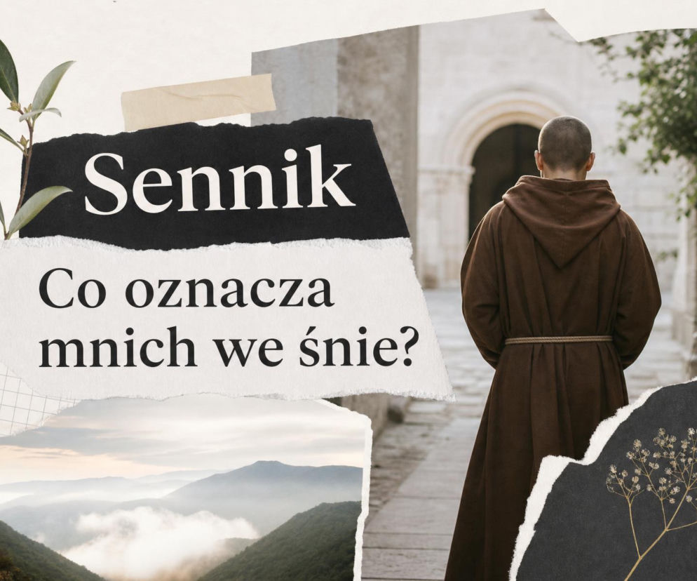 Mnich w brązowym habicie tyłem na tle klasztoru. Obok napisy sennik. O znaczeniu snu przeczytasz na SE.