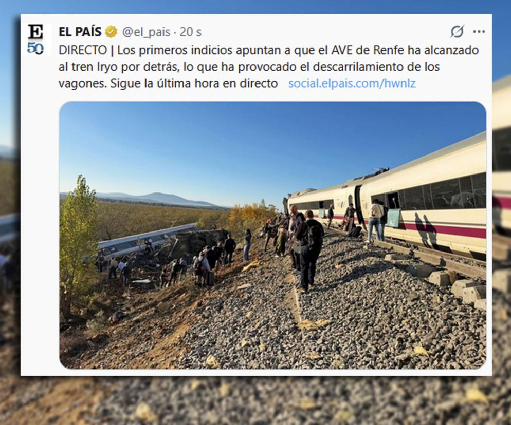 Wykolejony pociąg Renfe na nasypie i zniszczone wagony w dole. Na wstawce wpis El País. O wypadku w Hiszpanii czytaj w Eska.