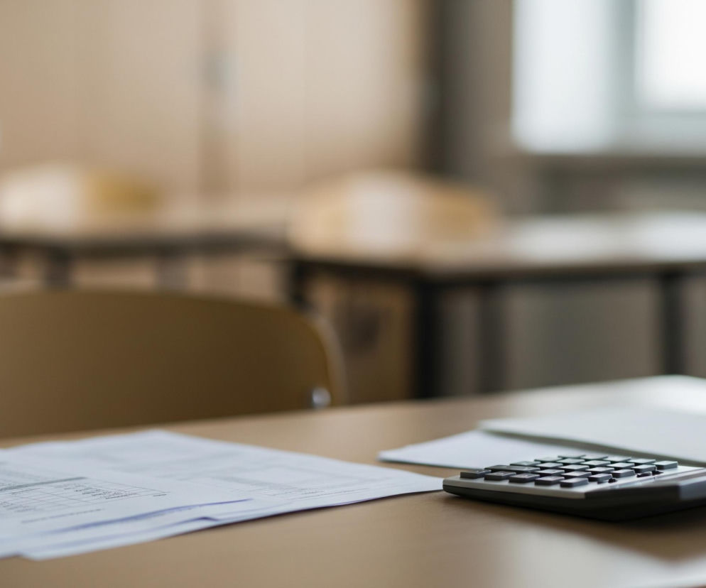 Na pierwszym planie, z prawego dolnego rogu, znajduje się szary kalkulator z czarnymi klawiszami, leżący na jasnobrązowym blacie. Obok kalkulatora, po lewej, widać stos białych kartek papieru z wydrukowanymi na nich tabelami i tekstem. Za kalkulatorem leży biała teczka lub plik kartek, z ciemniejszymi krawędziami. W tle widoczne są niewyraźne zarysy mebli szkolnych, głównie drewnianych stołów i krzeseł, oraz jasne okno w prawym górnym rogu.