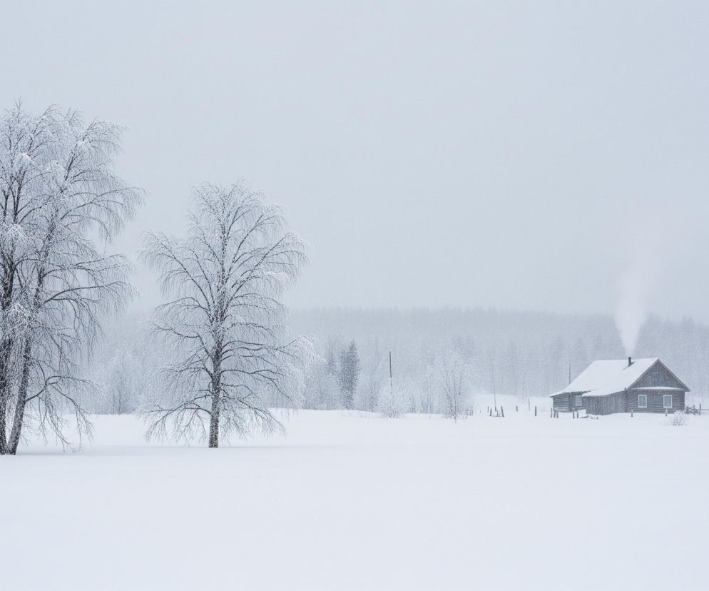 Na obrazie dominują biel i odcienie szarości, ukazując zimowy krajobraz. Z lewej strony kadru znajduje się grupa bezlistnych drzew pokrytych grubą warstwą szronu, ich gałęzie są białe i puszyste. Rozległy, równy teren na pierwszym planie i w tle pokryty jest śniegiem, tworząc jednolity biały dywan. W oddali po prawej stronie widać drewniany dom z dachem również zasypanym śniegiem, a z komina unosi się delikatny, biały dym. Horyzont zamyka pas zamglonego, zasypanego śniegiem lasu.