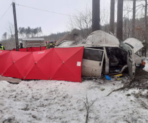 Śmiertelny wypadek w Lidzbarku. Bus uderzył w drzewo. Nie żyje młoda kobieta