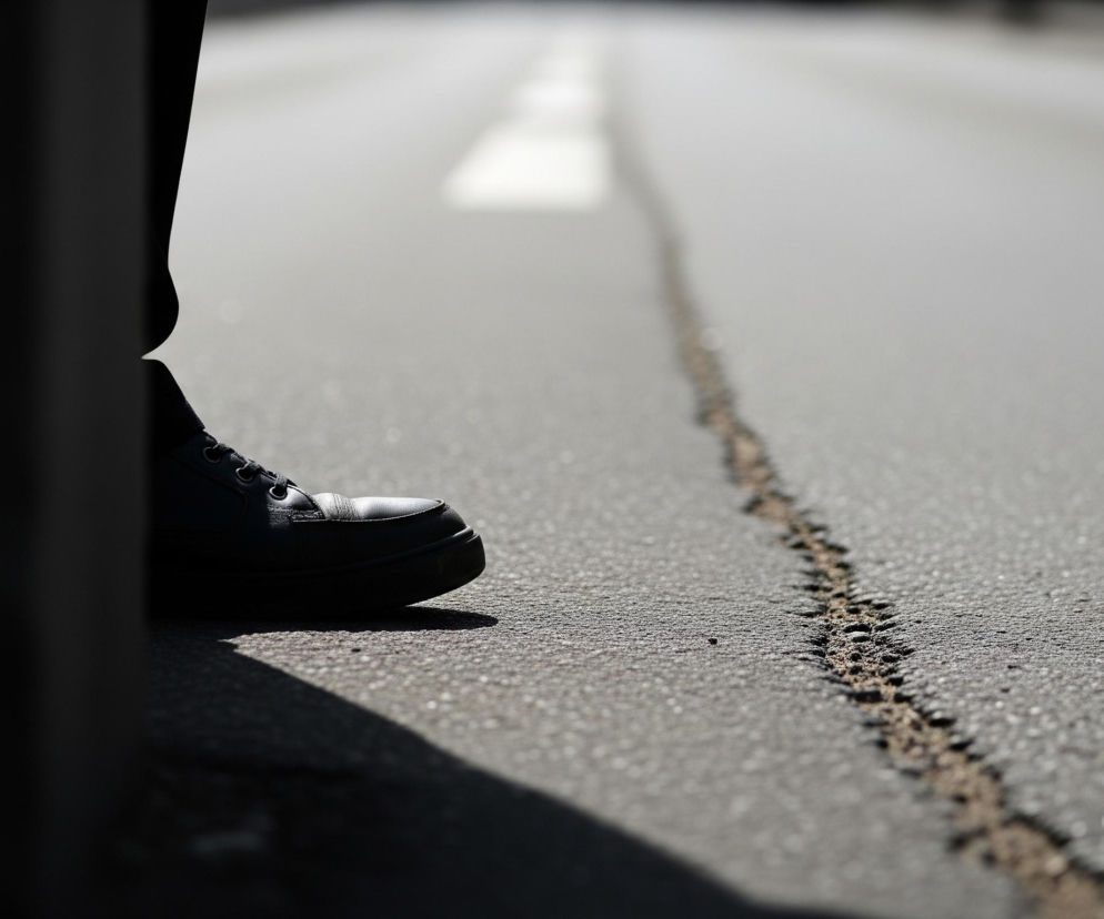 Ciemny but osoby stojącej znajduje się po lewej stronie kadru, częściowo zasłonięty przez pionowy, ciemny obiekt. But jest czarny, skórzany, ze sznurowadłami i wyraźnie widocznymi szwami. Obuwie rzuca długi, ciemny cień na szare, asfaltowe podłoże, które rozciąga się w głąb kadru. Przez środek jezdni biegnie spękana, jasna linia, z której w niektórych miejscach wystaje ziemia i drobne kamyki. W tle widoczne są niewyraźne, jasne pasy na asfalcie, które sugerują drogę w oddali.