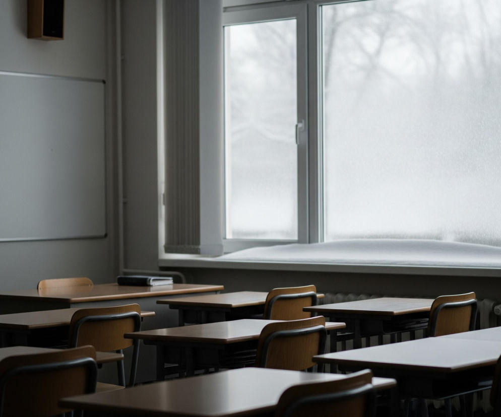 Wnętrze klasy szkolnej z rzędami drewnianych ławek i krzeseł, ustawionych przodem do tablic. Po lewej stronie znajdują się dwie tablice, jedna ciemnozielona i druga biała, obie z metalowymi ramkami. Duże okno dominuje prawą stronę obrazu, za nim widać niewyraźny zimowy krajobraz z zasypanymi śniegiem gałęziami drzew i warstwą śniegu na parapecie. Światło z zewnątrz rozjaśnia pomieszczenie, a na ścianie powyżej tablic wisi mała, brązowa kolumna głośnikowa.