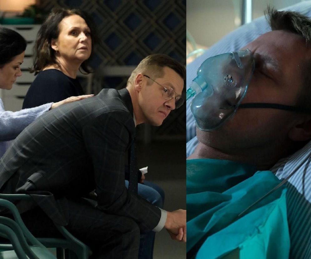 Zaniepokojona Marysia, Kinga i Piotrek siedzą w poczekalni, obok leżący w szpitalnym łóżku Paweł Zduński, podłączony do aparatury z maską tlenową na twarzy, w tle szaro-niebieskie, pasiaste prześcieradło. O dramacie Pawła Zduńskiego przeczytasz na stronie Super Seriale.