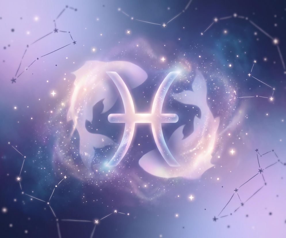 Symbol zodiakalny Ryb na tle gwieździstego nieba z mgławicami. O horoskopie dla Ryb przeczytasz na portalu Eska.