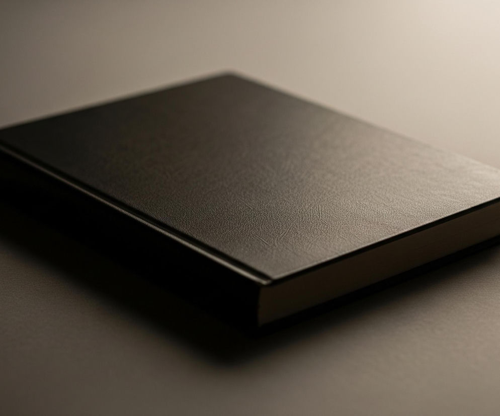 Czarna książka leży na ciemnoszarej powierzchni, ułożona lekko po przekątnej, z grzbietem skierowanym w lewo. Okładka książki ma teksturę przypominającą skórę, a jej boki są jasne, beżowe. Górna część książki jest dobrze oświetlona, podczas gdy dolna i prawa strona pogrążone są w cieniu. Tło jest jednolite, ciemnoszare, z delikatnym gradientem światła w górnym lewym rogu.