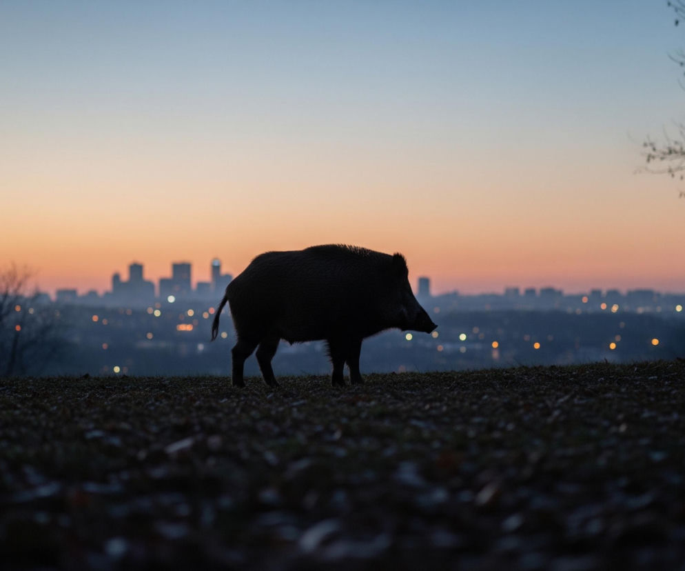 Czarny dzik stoi na lekko pagórkowatym terenie pokrytym ciemnymi liśćmi, z profilu, skierowany w prawo. Za nim rozciąga się panorama miasta z licznymi, rozświetlonymi oknami i budynkami w odcieniach szarości, wszystko w lekkiej mgiełce. Horyzont tworzy gradient od jasnego błękitu na górze, przez pomarańczowy w centrum, do ciemnoniebieskiego tuż nad miastem, sugerując zmierzch. Po bokach obrazu widoczne są fragmenty ciemnych, bezlistnych drzew.