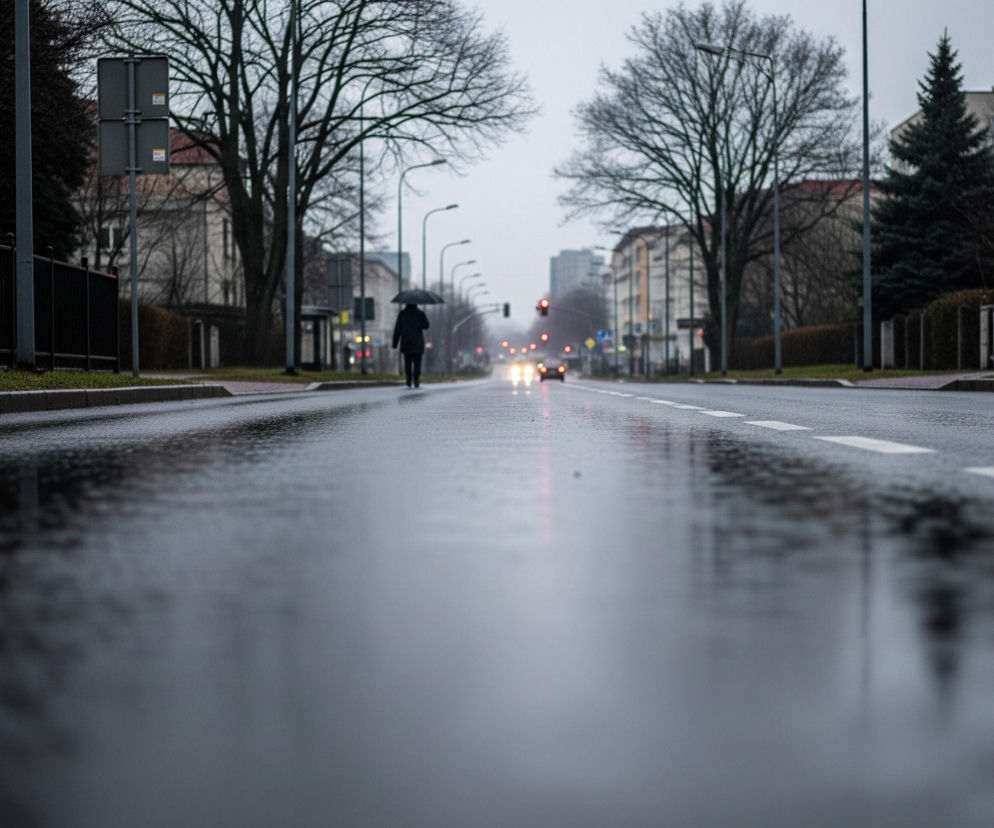 Mokra, asfaltowa ulica rozciąga się w głąb kadru, z wyraźnymi białymi liniami przerywanymi na jej powierzchni. Na lewej części jezdni widoczna jest sylwetka osoby idącej z parasolem, a w oddali, w centrum obrazu, znajdują się samochody z włączonymi światłami oraz sygnalizacja świetlna wskazująca czerwone światło. Po obu stronach ulicy rosną drzewa o nagich gałęziach i widać budynki, tworzące tło miejskiego krajobrazu w pochmurny dzień.