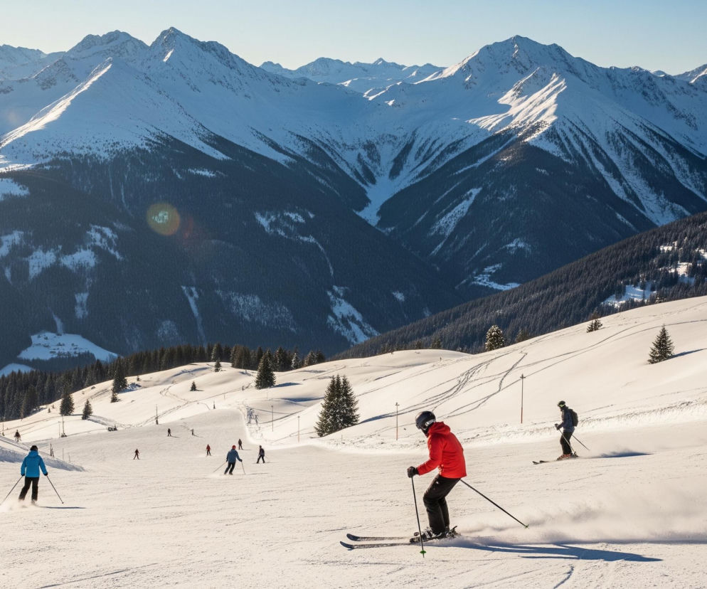 Grupa narciarzy zjeżdża po szerokim, ośnieżonym stoku, oświetlonym promieniami słońca, tworzącymi długie cienie. Na pierwszym planie, z prawej strony, narciarz w czerwonej kurtce i czarnych spodniach opiera się na kijkach, podczas gdy śnieg unosi się spod jego nart. Dalej za nim, w centrum i po lewej, widać kolejnych narciarzy w różnych kolorach kurtek – niebieskiej, zielonej i ciemnej – oraz kilka innych sylwetek narciarzy w oddali, podążających w dół stoku. Stoki po obu stronach trasy pokryte są lasami iglastymi, a w tle rozciąga się pasmo wysokich, ośnieżonych gór z błękitnym, bezchmurnym niebem.