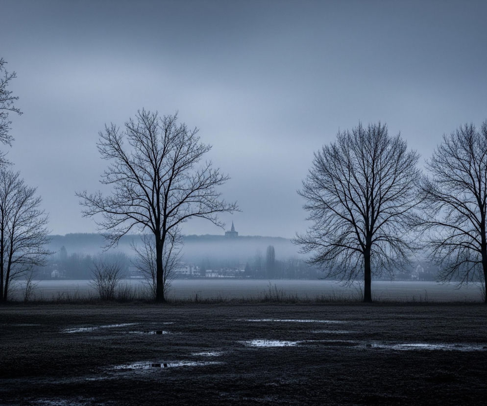 Pole pokryte ciemną, prawdopodobnie błotnistą ziemią z kałużami wody w centralnej i prawej części kadru rozciąga się na pierwszym planie. Za nim, w linii horyzontu, rosną nagie drzewa o rozłożystych konarach, których pnie są wyraźnie widoczne na tle mglistego krajobrazu. W oddali, za drzewami i pasmem mgły, widoczna jest wieża kościoła lub innego wysokiego budynku, a także zabudowania mieszkalne i dalsze drzewa, wszystko spowite szaroniebieską mgłą. Całe ujęcie utrzymane jest w monochromatycznej, chłodnej palecie barw, dominują ciemne szarości, czerń i odcienie błękitu.