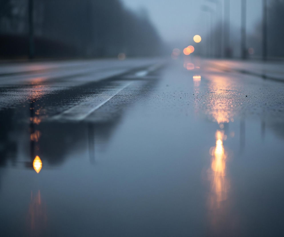 Mokre podłoże drogi, pokryte kałużami, zajmuje pierwszy plan obrazu, odbijając rozmazane, pomarańczowe światła z oddali. Na powierzchni asfaltu widoczne są czarne ślady opon oraz drobne krople wody, tworzące chropowatą teksturę. W tle, w rozmytej mgiełce, majaczą ciemne, pionowe kształty drzew i słupów, a także kilka okrągłych, świetlistych punktów, które są źródłami pomarańczowego światła. Cała scena utrzymana jest w chłodnych odcieniach szarości i błękitu, z kontrastującymi ciepłymi akcentami świateł.