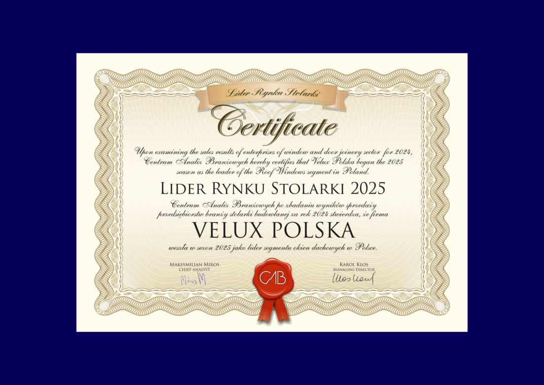 Dyplom Lider Rynku Stolarki 2025 dla VELUX