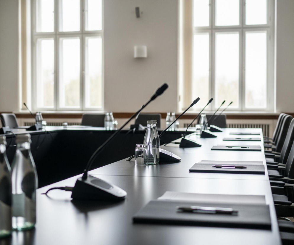 Długi, ciemny stół konferencyjny w kształcie litery U dominuje scenę, rozciągając się w kierunku od widza, z rzędami czarnych krzeseł ustawionych wzdłuż jego boków. Na stole, w regularnych odstępach, znajdują się czarne podstawki z mikrofonami na długich, smukłych wysięgnikach, a obok nich szklane butelki wody i puste szklanki. Przed każdym miejscem leży czarna podkładka z długopisem na białej kartce. W tle, za stołem, widoczne są dwa duże, podwójne okna z białymi ramami, wpuszczające jasne światło do pomieszczenia, którego ściany są pomalowane na jasny kolor. Po prawej stronie kadru widoczne są brązowe, drewniane drzwi i fragment brązowej boazerii.