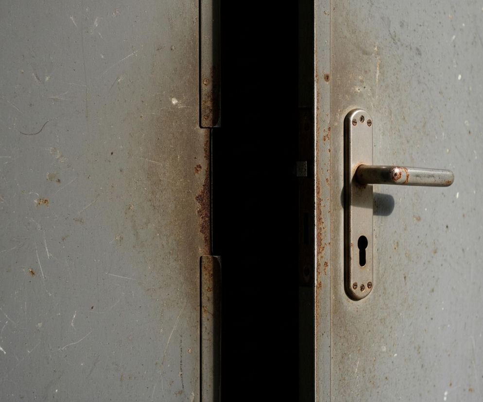 Po lewej stronie kadru znajduje się duża, matowa powierzchnia w odcieniu szarości, pokryta licznymi rysami i przetarciami. Prawa część kadru ukazuje otwarte, metalowe drzwi, również w szarym kolorze, z widocznym, pociemniałym od brudu i rdzy, fragmentem futryny po lewej stronie skrzydła. Na skrzydle drzwi zamontowana jest klamka z wbudowaną blokadą na klucz, wykonana z jasnego metalu z widocznymi śladami korozji. Między otwartymi drzwiami a futryną widoczna jest ciemna przestrzeń, sugerująca głębię wewnątrz pomieszczenia.