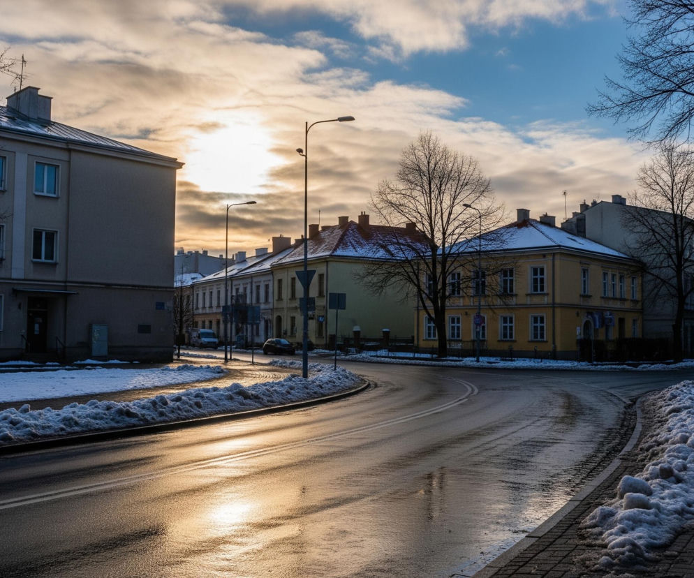 Ulica w zimowy dzień, z słońcem przebijającym się przez chmury na horyzoncie, tworzy świetlistą poświatę na mokrej nawierzchni jezdni. Na pierwszym planie, po lewej stronie, widać betonowy budynek z ośnieżonym dachem, a przed nim pokryty śniegiem trawnik. Po prawej stronie, wzdłuż zakręcającej drogi, ciągnie się chodnik z kostki brukowej, obok którego leżą nieregularne hałdy śniegu. W oddali po obu stronach ulicy stoją różnokolorowe kamienice z dachami pokrytymi śniegiem, a pomiędzy nimi widoczne są nagie drzewa i latarnie uliczne.