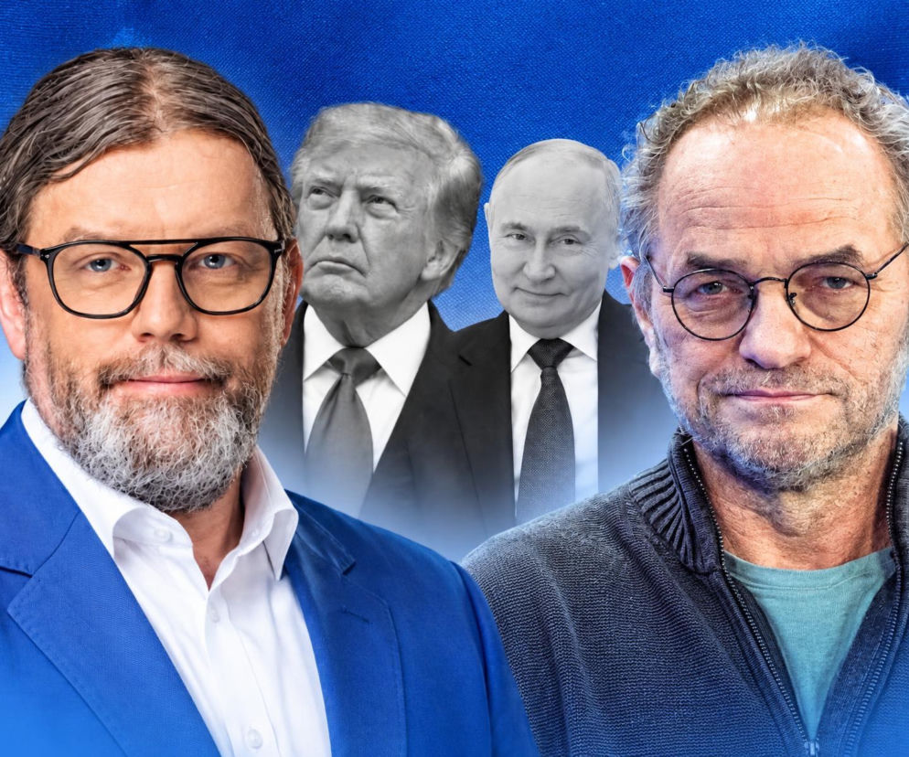 Piotr Niemczyk i Piotr Najsztub. W tle czarno-białe zdjęcia Trumpa i Putina. O ich relacji przeczytasz na SE Polityka.