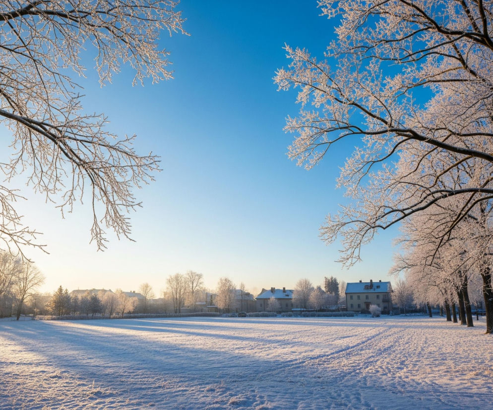Rozległy, pokryty śniegiem krajobraz dominuje w centrum obrazu, rozświetlony promieniami słońca padającymi z lewej strony, tworząc długie, niebieskawe cienie na białej powierzchni. Po obu stronach widoczne są drzewa z gołymi gałęziami, gęsto oszronionymi, błyszczącymi w słońcu; drzewa po prawej tworzą długi rząd wzdłuż drogi. W oddali, na horyzoncie, rozciąga się zabudowa mieszkalna z domami o jasnych elewacjach i ciemnych dachach, częściowo pokrytych śniegiem, natomiast niebo w górnej części jest intensywnie błękitne i bezchmurne.
