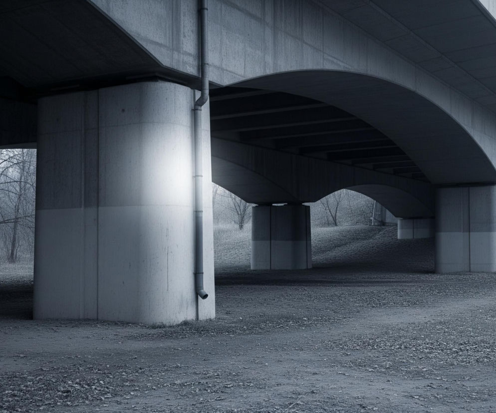 Widok przedstawia betonowy wiadukt lub most od spodu, utrzymany w chłodnej, monochromatycznej tonacji szarości z delikatnymi niebieskimi akcentami. Konstrukcja składa się z masywnych, cylindrycznych i prostokątnych filarów podtrzymujących liczne łukowe przęsła, tworzące głębokie cienie i perspektywę. Na pierwszym planie widoczny jest nierówny grunt, pokryty drobnym żwirem i sporadycznymi kępami suchej trawy, a bliżej środka obrazu biegnie rura spustowa wzdłuż jednego z filarów. W tle, pod łukami mostu, rozciąga się obszar z nagimi drzewami o splątanych gałęziach, co sugeruje późną jesień lub zimę, a niebo nad mostem jest jednolicie jasne.