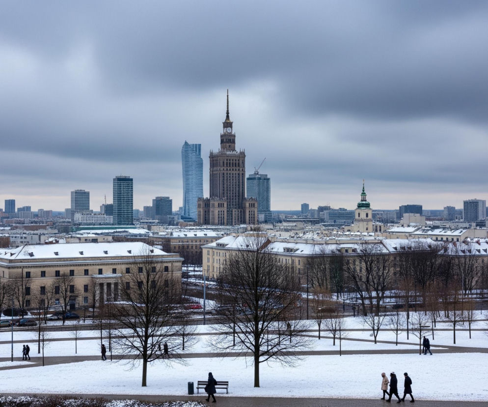 Na pierwszym planie rozciąga się zaśnieżony park z alejkami, na których spacerują pojedyncze osoby i niewielkie grupy ludzi. W parku widać liczne drzewa o nagich gałęziach, dwa ciemne parkowe ławki oraz kosz na śmieci. Dalej, za parkiem, znajduje się miejski krajobraz z widocznymi budynkami pokrytymi śniegiem na dachach oraz ulicami z zaparkowanymi samochodami. Horyzont dominuje panorama miasta, z kilkoma wysokimi drapaczami chmur, wśród których wyróżnia się centralnie położony, monumentalny budynek o spiczastym zakończeniu i zegarem na szczycie. W tle rozciąga się rozległe, szare, zachmurzone niebo.