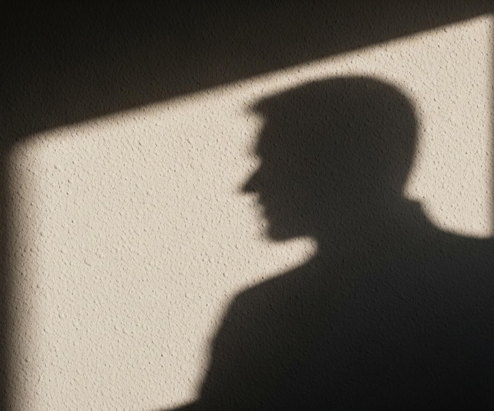 Na teksturowanej, jasnobeżowej ścianie rzucany jest cień głowy i ramion mężczyzny, zwróconego profilem w lewo. Cień ma ciemnoszarą barwę, a na niego nakłada się ukośny pas jasnego światła słonecznego, tworzący kształt litery L lub otwartej książki. Lewa górna część obrazu i dolna prawa część, w której znajduje się cień, są zacienione, natomiast jasny pasek światła rozjaśnia centralną część ściany. Tekstura ściany jest wyraźna, z drobnymi nierównościami, co dodaje głębi obrazowi.