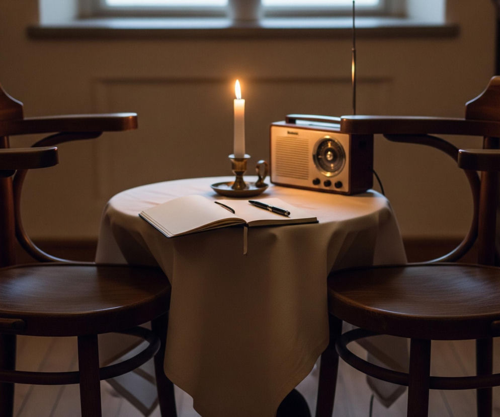 Centralnie umieszczony jest mały, okrągły stolik przykryty jasnobeżowym obrusem, a po jego bokach stoją dwa drewniane krzesła z oparciami i podłokietnikami, skierowane do siebie. Na stoliku znajduje się świeca w złotym świeczniku, emitująca ciepłe, pomarańczowe światło, obok niej leży otwarty notatnik z długopisem oraz retro radioodbiornik z wysuniętą anteną. Tło stanowi ściana z dwoma oknami u góry, które wpuszczają delikatne, rozproszone światło, oraz ciemne meble po lewej stronie, dodające głębi scenie. Całość utrzymana jest w stonowanej kolorystyce brązów i beżów, z ciepłym akcentem światła świecy.