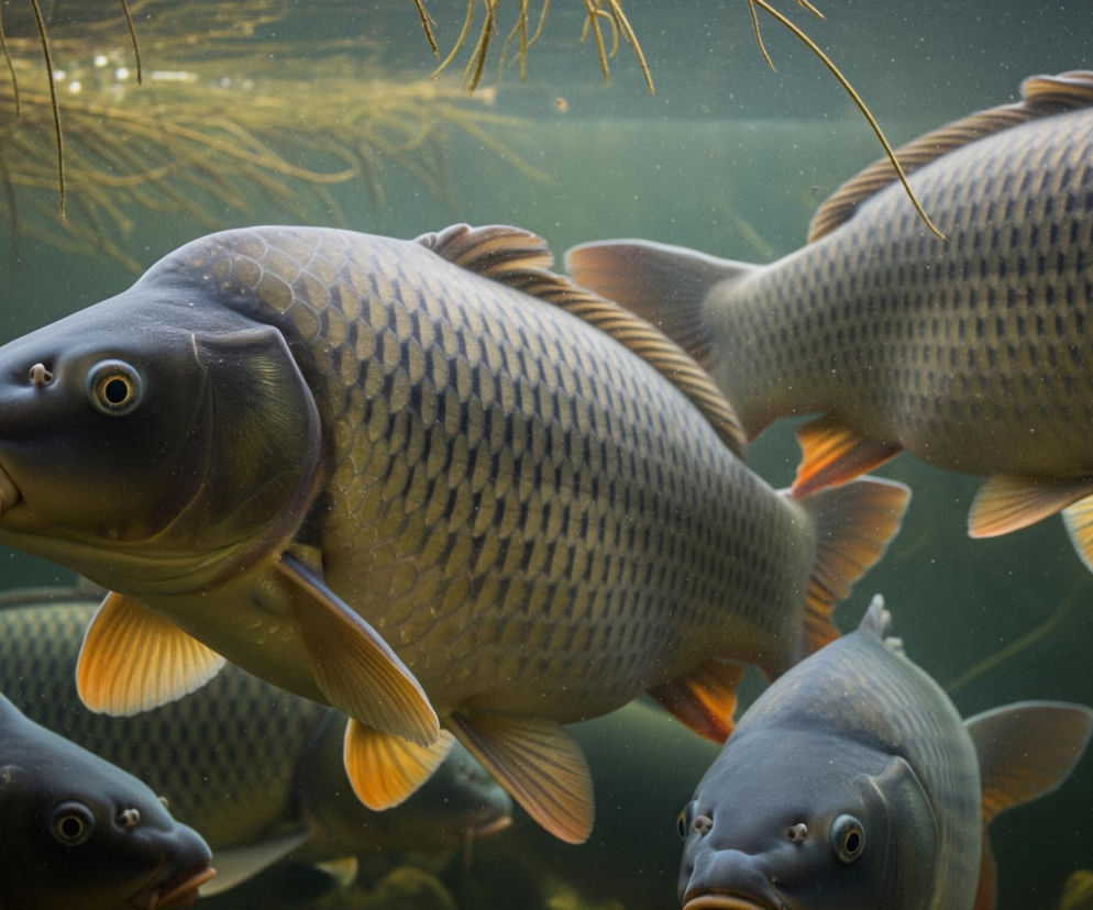 Wielki karp pływający w zbiorniku z innymi rybami, z drobnymi cząsteczkami w wodzie i zieleniną na powierzchni. Zdjęcie ilustruje problemy z przepisami dotyczącymi sprzedaży żywych ryb, o których przeczytasz na Super Biznes.