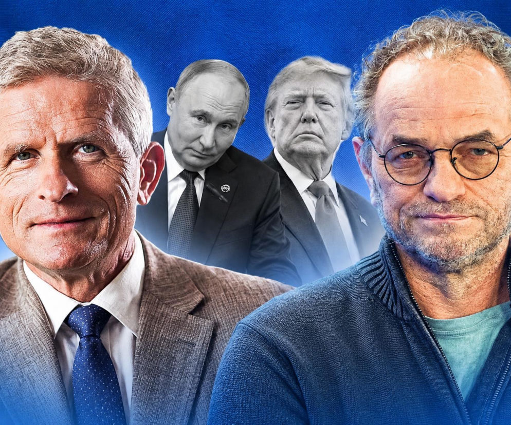 Profesor Roman Kuźniar i Piotr Najsztub na pierwszym planie. W tle Władimir Putin i Donald Trump. O sporze w SE Polityka.