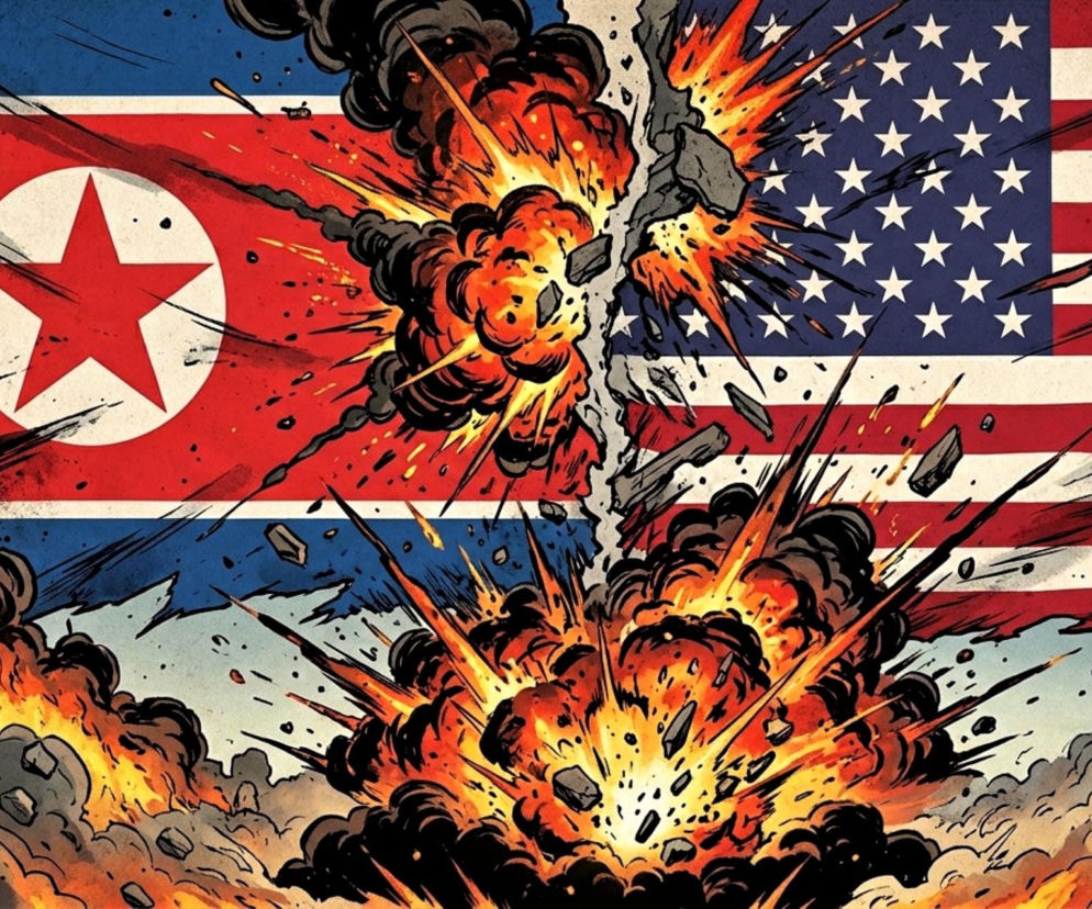 Grafika z flagami Korei Północnej i USA rozdzielonymi wybuchami. O napięciach przeczytasz na SE Portal Obronny.
