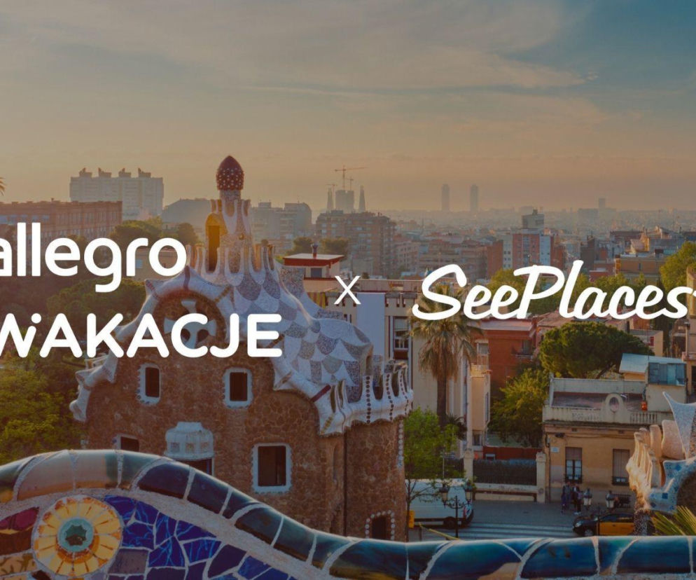 Panorama Barcelony z logo Allegro Wakacje i SeePlaces. O nowej ofercie i ratach zero procent przeczytasz na Eska.