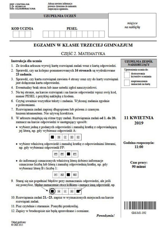 Egzamin gimnazjalny 2019 z matematyki