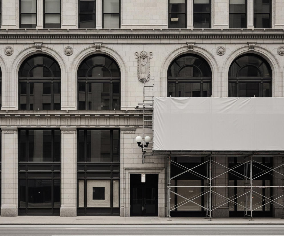 Budynek o jasnej, kamiennej fasadzie z licznymi zdobieniami architektonicznymi dominuje centralną część obrazu. Na wyższych kondygnacjach widać rzędy prostokątnych okien, a poniżej rząd pięciu dużych, łukowato zakończonych okien, z których dwa po prawej są częściowo zasłonięte białym banerem i metalowym rusztowaniem. Na parterze znajdują się prostokątne witryny i drzwi wejściowe, obok których po lewej stronie stoi czarna latarnia z dwoma kulistymi kloszami, a po prawej widoczne jest metalowe rusztowanie rozciągające się na szerokość kilku okien parteru i częściowo zasłonięte białym płótnem. Chodnik i fragment asfaltowej ulicy zajmują dolną część kadru, prezentując miejski krajobraz w stonowanej kolorystyce szarości i czerni.