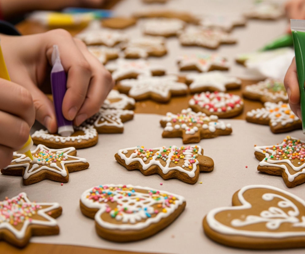 W centrum obrazu znajduje się stół z rozłożonym papierem do pieczenia, na którym leżą liczne pierniki o różnych kształtach, takich jak serca, gwiazdki i choinki. Pierniki są dekorowane białym lukrem i kolorowymi posypkami, a w tle widać dłonie kilku osób, które ozdabiają ciastka. Jedna dłoń w lewej części kadru trzyma żółty woreczek z lukrem, druga, bardziej w centrum, trzyma fioletowy pojemnik, a trzecia, po prawej stronie, używa zielonego lukru do posypywania gwiazdki. Dłonie są dobrze oświetlone i stanowią główny punkt akcji na zdjęciu, skupiając uwagę na procesie dekorowania.