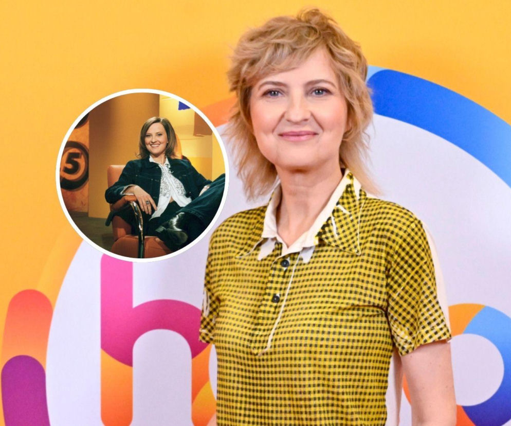 Aktorka Izabela Kuna w żółtej bluzce. Na miniaturze obok jej zdjęcie sprzed lat. O pracy w Polsacie czytaj w Super Expressie.