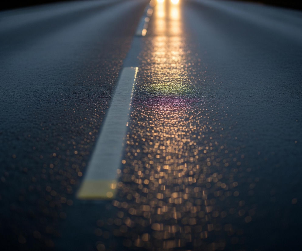 Ciemny, mokry asfalt pokryty jest drobnymi kroplami wody, tworzącymi liczne, rozmyte refleksy świetlne. Przez środek jezdni biegnie biała linia ciągła z krótkim, żółtym segmentem u dołu, oddalająca się perspektywicznie ku górze. W oddali, na horyzoncie, widać jaskrawe, rozświetlone punkty, przypominające światła nadjeżdżających pojazdów, które odbijają się w wilgotnej nawierzchni, rzucając pomarańczowo-fioletową poświatę.