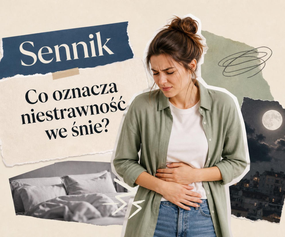 Kobieta trzyma się za brzuch. Obok miniatury łóżka i nocnego nieba. O snach o niestrawności przeczytasz na SE.