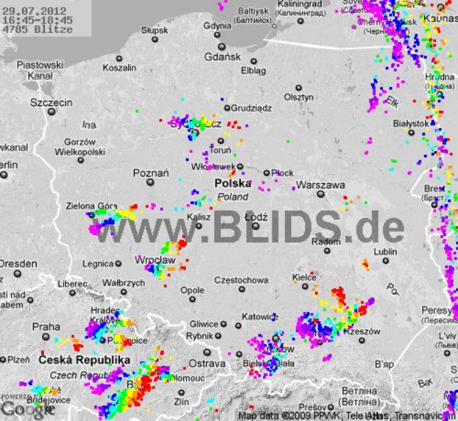 Burze w Polsce, 29.07.2012 - MAPA z godz. 16.45 - 18.45