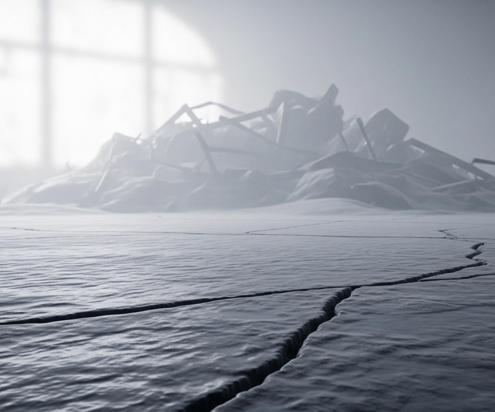Popękana, nierówna powierzchnia w odcieniach szarości wypełnia dolną część kadru, z wyraźnym, nieregularnym pęknięciem biegnącym od dołu w prawą stronę. Horyzont jest niewyraźny i jasny, a na nim widoczne są kontury okna w tle. Centralnie, w oddali, unosi się stos gruzu o ostrych krawędziach, również utrzymany w stonowanych, szarych barwach. Całość obrazu jest zamglona, dominuje monochromatyczna paleta.
