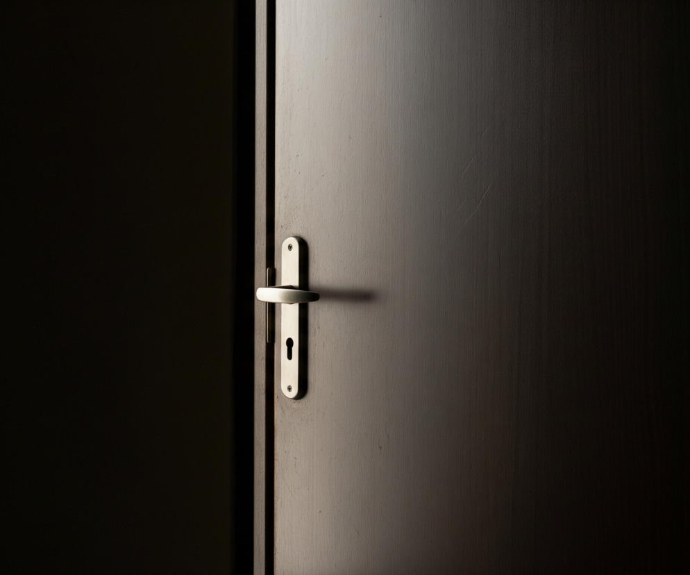 Na obrazie widoczne są lekko uchylone ciemne drzwi, oświetlone z lewej strony, tworząc kontrast między jasną krawędzią a ciemnym wnętrzem. Na drzwiach znajduje się podłużna, srebrna klamka z otworem na klucz. Po prawej stronie widoczny jest pionowy zawias, zaś większość lewej strony obrazu wypełnia głęboka czerń.