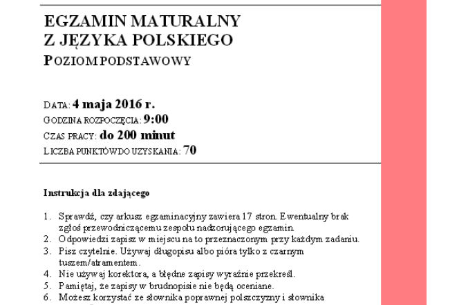 Arkusze z języka polskiego 2016