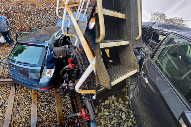 Skoda z dwiema osobami nadziała się na pociąg! Przejechała tak 100 metrów. Szokujący wypadek w Polkowicach [ZDJĘCIA]