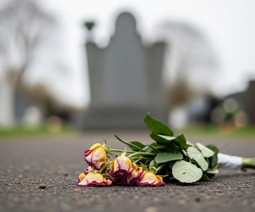 Na ciemnoszarym, ziarnistym podłożu leży bukiet róż. Kwiaty mają żółte płatki z fioletowymi krawędziami i widoczne są również zielone łodygi z liśćmi, owinięte białą wstążką. W tle widać rozmazane, szare sylwetki nagrobków i drzew bez liści, pod pochmurnym niebem, co tworzy płytką głębię ostrości.