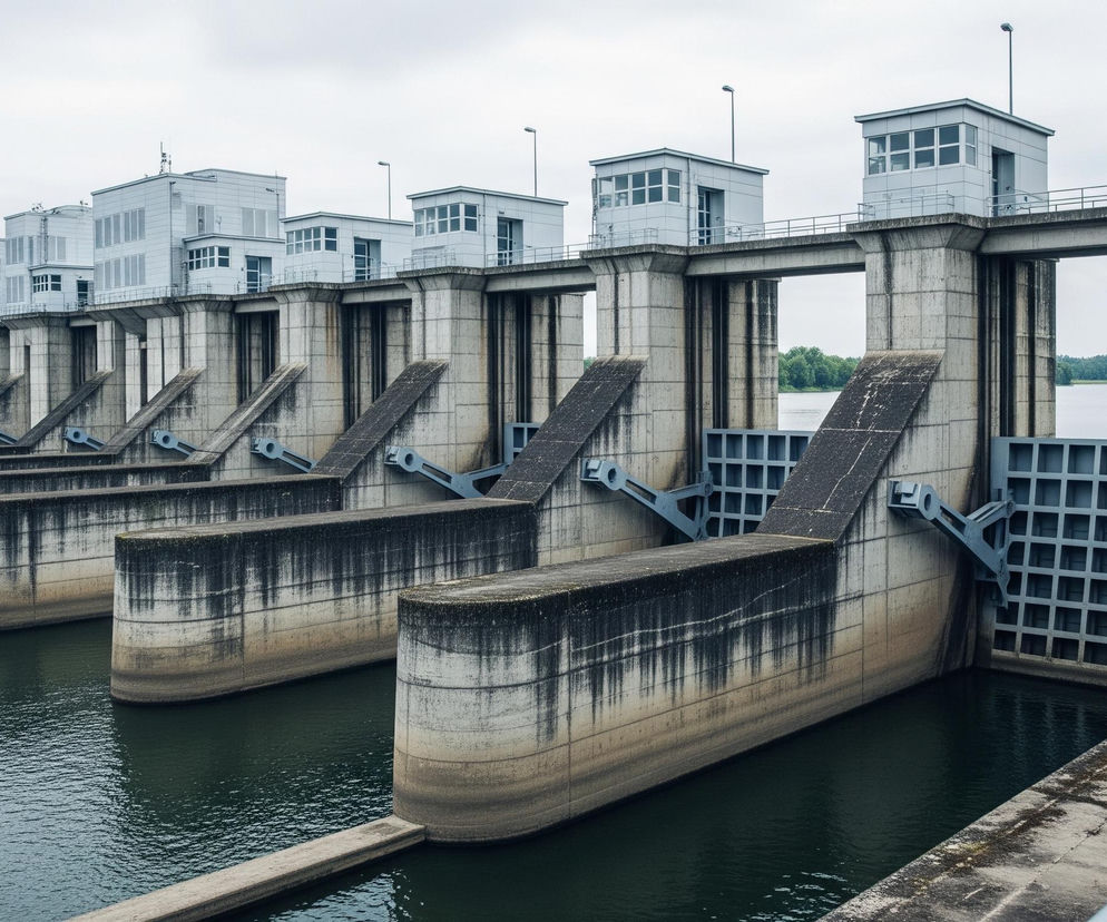 Widoczna jest potężna betonowa budowla hydrotechniczna, składająca się z wielu jednakowych sekcji, częściowo zanurzonych w ciemnozielonej wodzie. Każda sekcja posiada szeroki, prostokątny filar z grubymi, ukośnymi elementami wspornikowymi, z których wyrastają górne konstrukcje przypominające małe budynki z oknami i płaskimi dachami, połączone chodnikiem z metalowymi balustradami. Po lewej stronie budowli znajduje się zielony, porośnięty trawą wał, na którym rosną drzewa, natomiast w tle po prawej stronie widać rozległy zbiornik wodny z zalesionym brzegiem i pochmurnym, jasnym niebem.