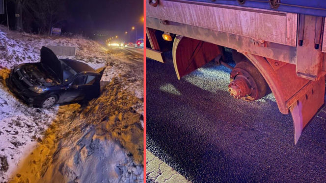 Z ciężarówki urwały się koła i wbiły się w osobówkę. Kierowca ratował się ucieczką do rowu